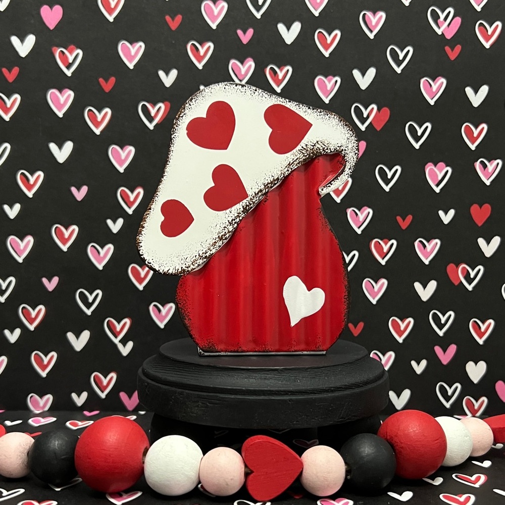 Red and White Metal Heart Mushroom Decor